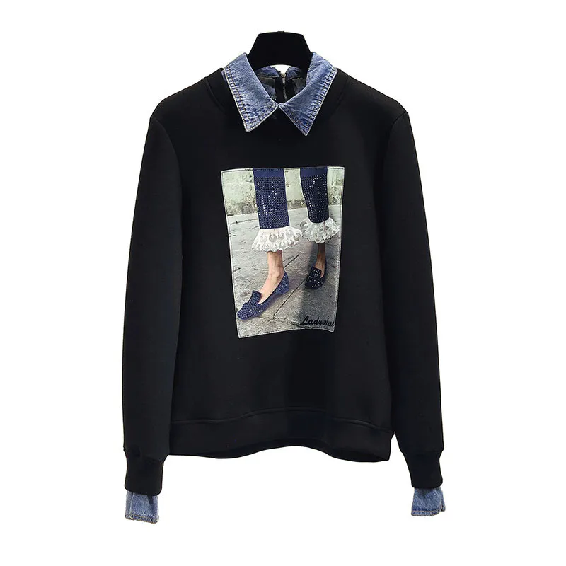 

Thick Women Hoodies 2020 New Spring Autumn Faux Two Piece Turn Down Collar Pullovers Top Long Sleeve Female Sweatshirts