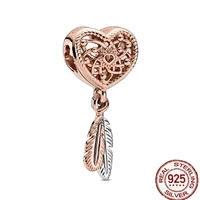 hot 925 sterling silver heart shaped hanging two feathers beads charms fit original 3mm bracelets bangle for women jewelry gift