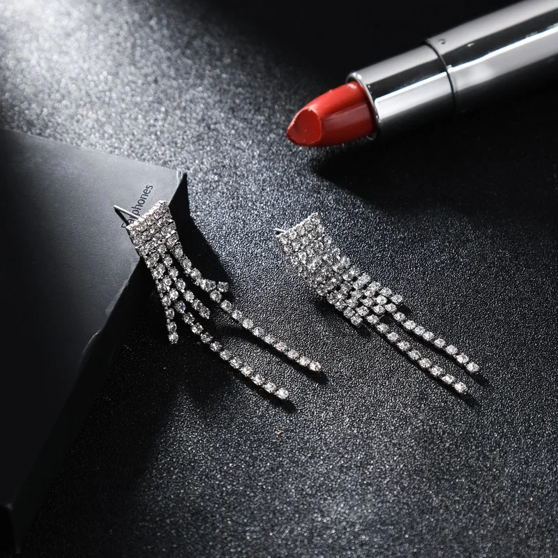 HanCheng Fashion Dangle Hanging Tassels Long Earrings Rhinestone Drop For Women Square Jewelry Brincos Bijoux | Украшения и