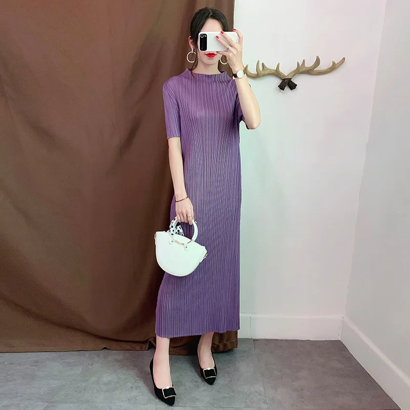 Violet LANMREM фиолетовое платье со стоячим воротником, с коротким рукавом, плиссированное, тонкое, плюс, женское платье, повседневное, простое, модное, весна, новинка TV734 - Цвет: Violet