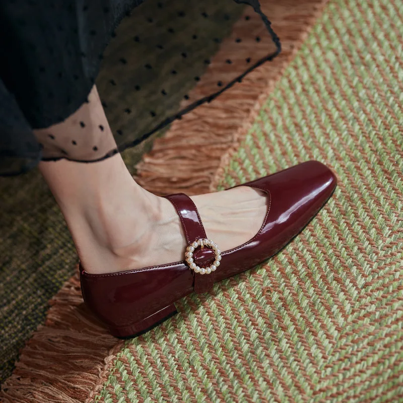 

Pearl Mary Jane pumps flat shoes 2021 spring and autumn patent leather square toe single shoes women