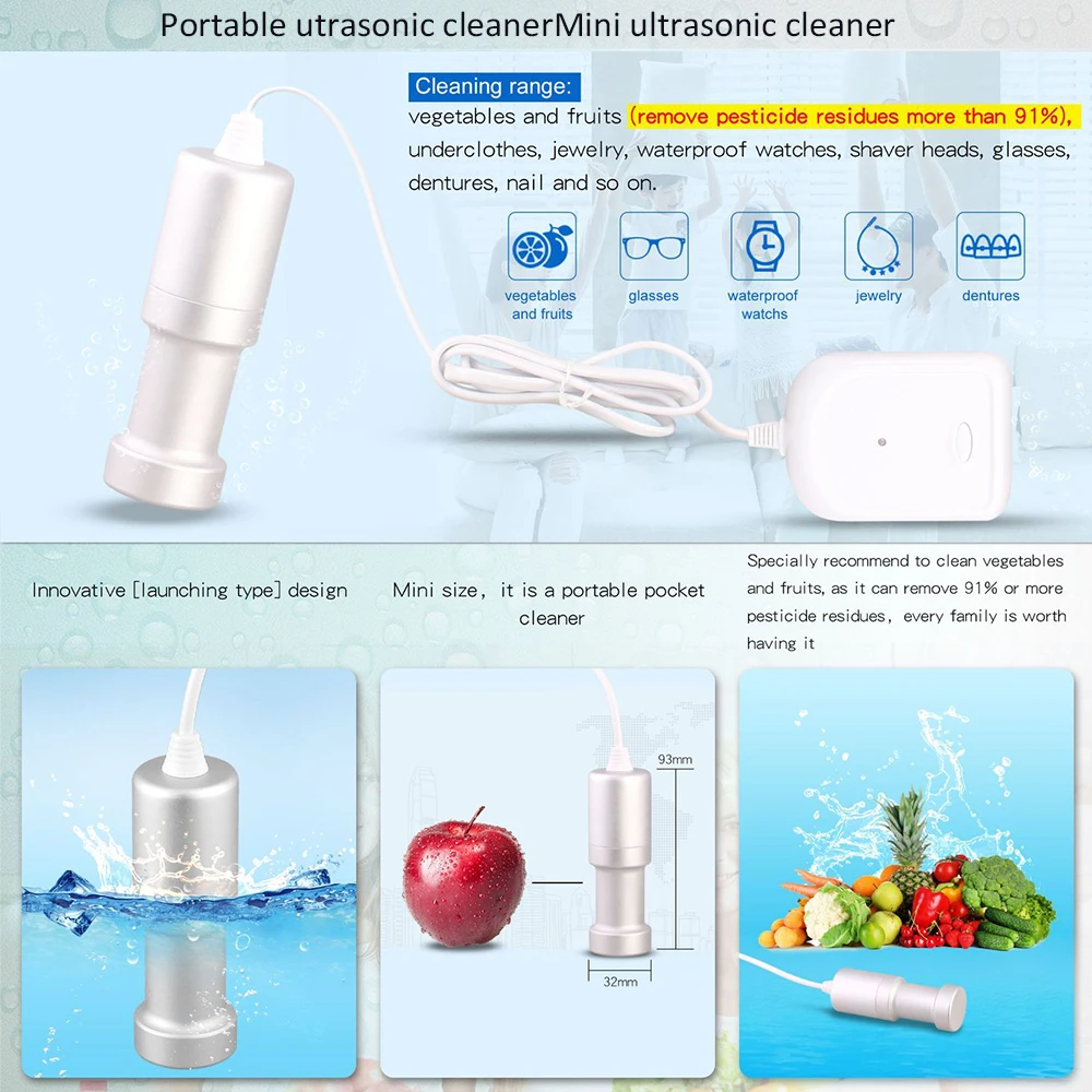 

Portable Ultrasonic Fruit Vegetable Cleaner Watch Dishes EyeGlasses Cleaning Machine Jewelry Teeth Denture Tableware Bath Trip