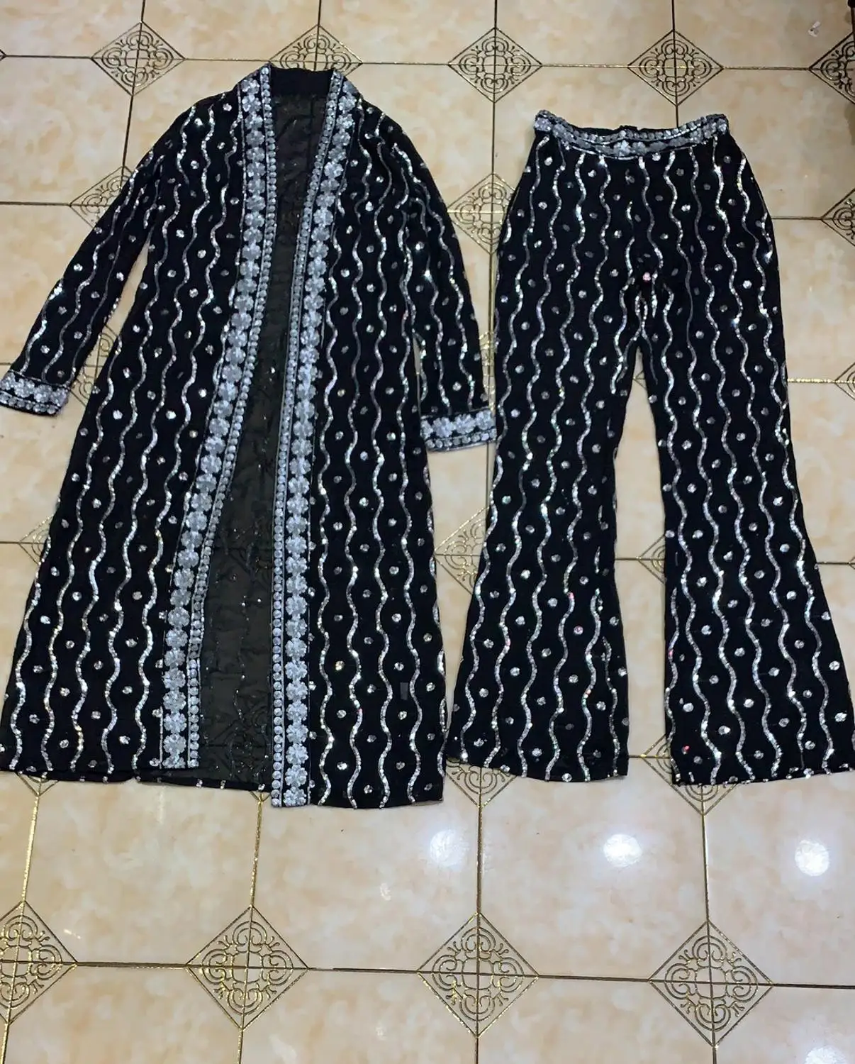 Babatique 2020 New Arrival Sequin Beading Outwear Coat And Pant Set Black