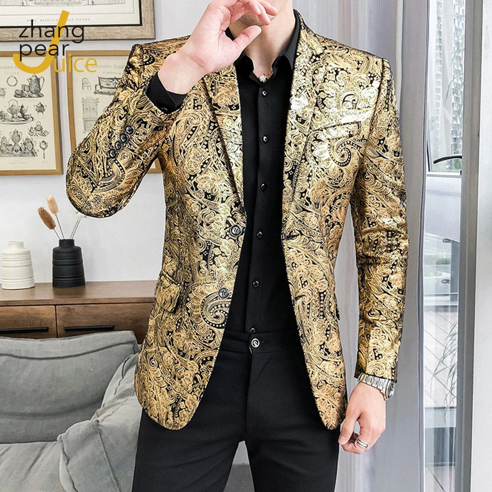 Men's Fashion Shiny Gold Black Blazer Suit Jacket Wedding Groom Prom Singers Blazers Men Slim Fit Blazer