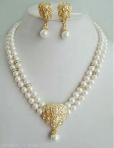 

FREE shipping>>>>>Jewelry 2 rows white pearl pendant earrings necklace sets