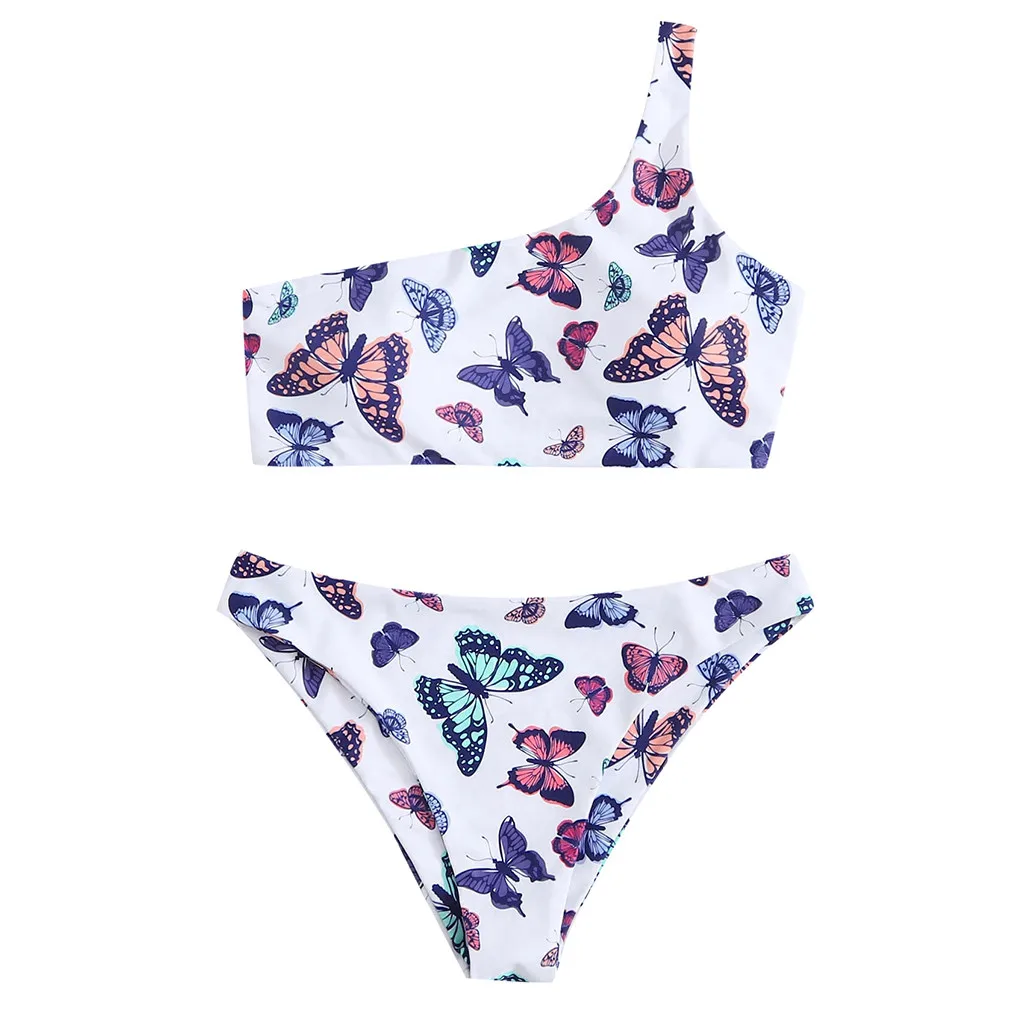 

Woman Bikini Swimsuit 2021 Sexy Butterfly Print Tube Top Swimwear One Shoulder High Cut Print Bikini Set 2Piece Swimsuit Tankini