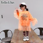 Весенне-осенняя Толстовка для девочек, детская футболка, детские топы, Детская уличная одежда с принтом тигра, сетчатая накидка с рукавами-лепестками и манжетами от 4 до 14 лет