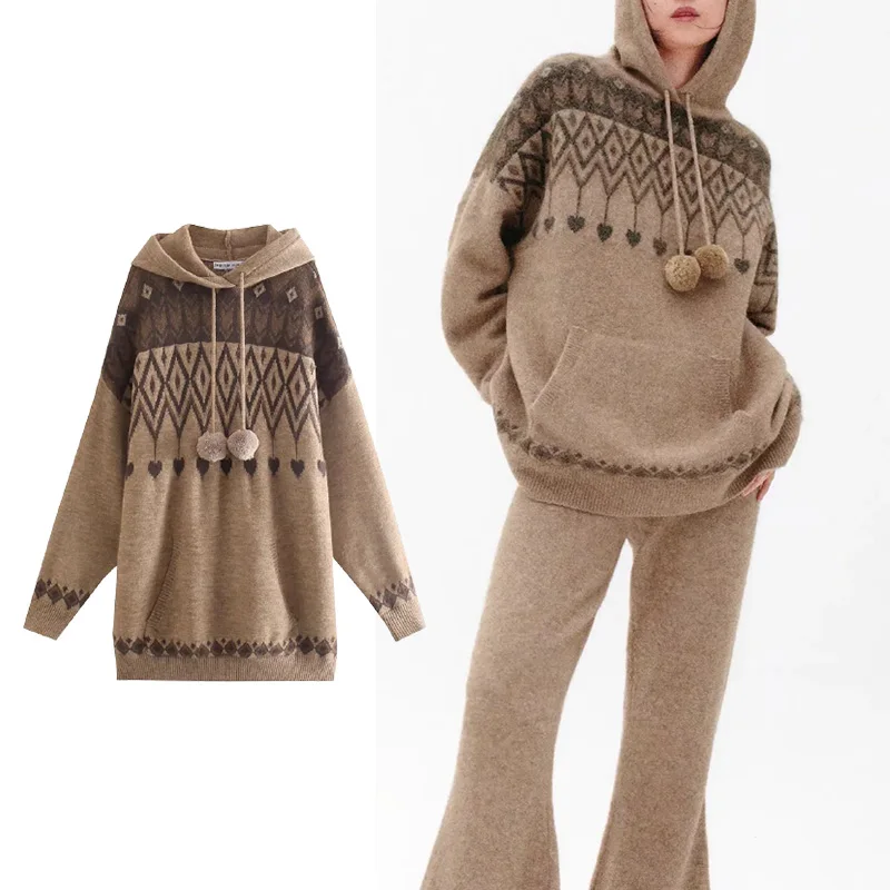 

TRAF Za 2021 Women Sweater Casual Fashion New Loose Wool-Blend Hoodie Vintage Long Sleeve Pullovers Tops