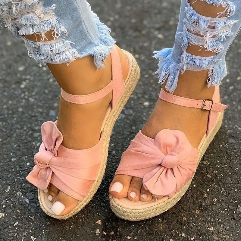 

2022 New Women Casual Peep Toe Sandals Summer Hemp Platform Flats Fashion Bowknot Buckle Strap Ladies Shoes Sandalias De Tacon