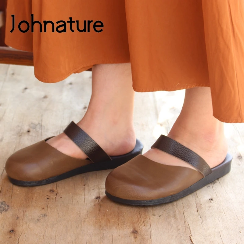 

Johnature Summer Slippers Women Shoes 2022 New Genuine Leather Slides Outside Flat With Handmade Concise Leisure Ladies Sandals