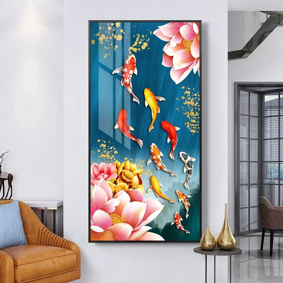 

Набор для алмазной вышивки «сделай сам», картины с разноцветными рыбками и лотосами, вышивка крестиком, круглая квадратная мозаика 5D стразы...