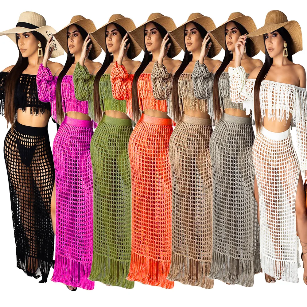 

Women Tassel 2 Piece Summer Sexy Outfit Loose Crochet Beach Skirt Sets Slash Neck Long Sleeve Crop Top and Split Long Skirts