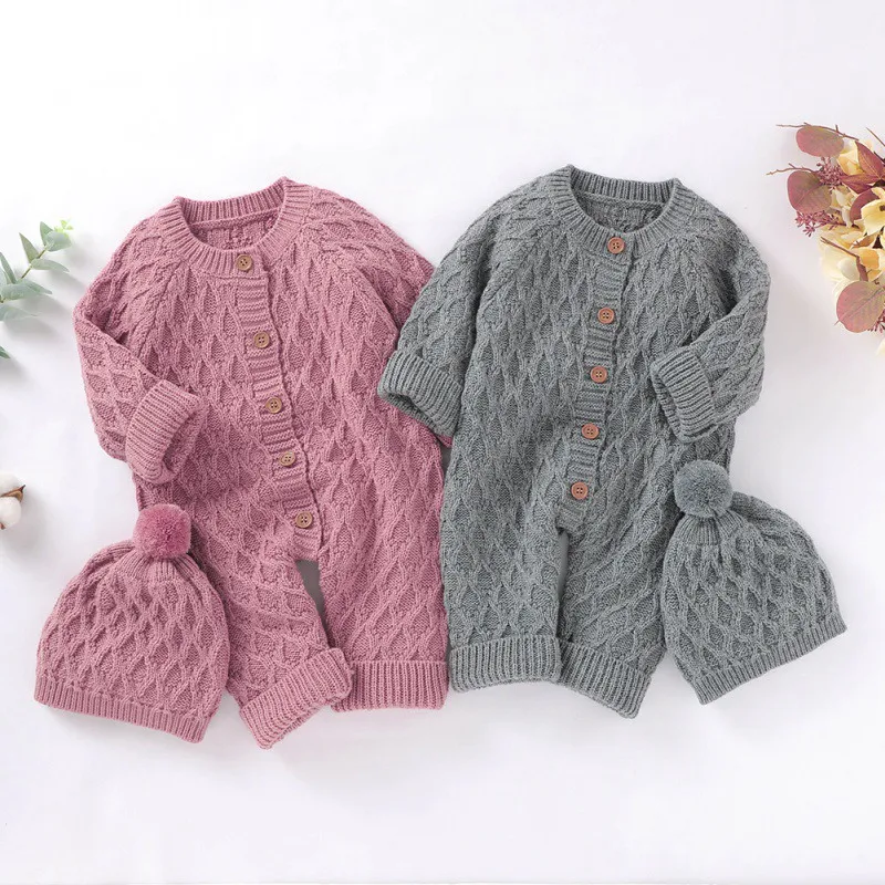 

Newborn Knitted Romper Jumpsuit Baby Boy Girl Autumn Winter Single Breasted Long Sleeve Costume Hat Two Pcs Outfits F