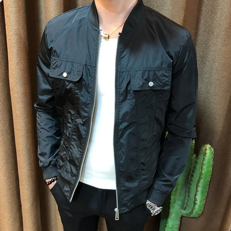 

Mens Smart Casual Jacket Autumn Slim Fit Long Sleeve Stand Collar Bomber Jacket Vintage Pockets Cargo Coat Spring Men Outerwear