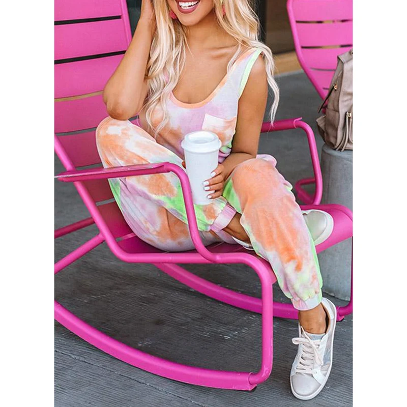 

Woman Tie Dye Print Summer Vest Jumpsuits High Waist Drawstring Pockets Casual Home Clothing Jumpsuit