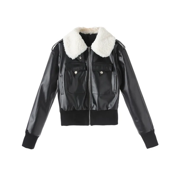 Короткая кожаная куртка с отворотом из меха ягненка укороченный топ на молнии