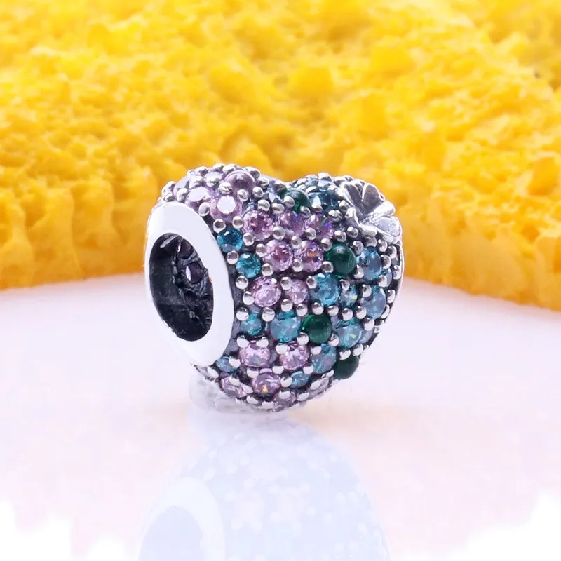 

Original 925 Sterling Silver Bead Shiny Heart With Crystal Beads Fit Pandora Women Bracelet & Necklace Diy Jewelry