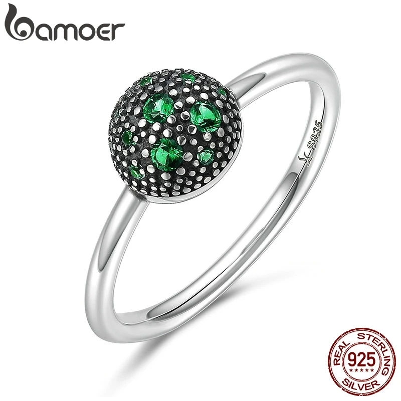 BAMOER, Настоящее серебро 925 пробы, круглые зеленые Искрящиеся CZ кольца на палец для женщин, ювелирные изделия из стерлингового серебра S925, подарок SCR138