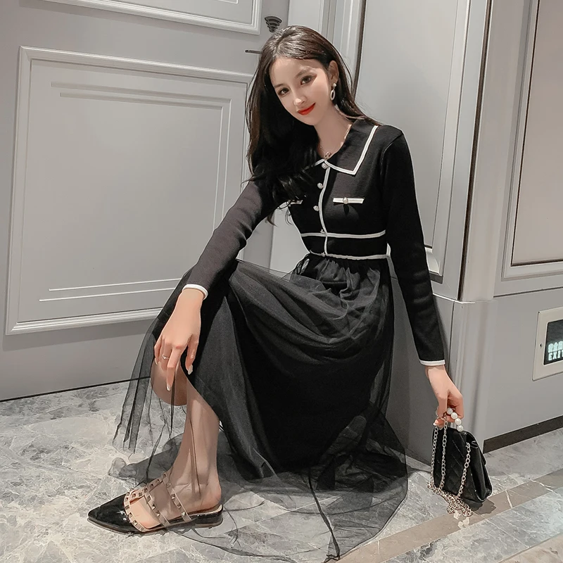 Повседневное элегантное лоскутное однобортное платье с отложным воротником и