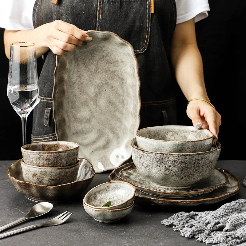 

Prato de cerâmica com pedras irregular, tigelas, talheres estilo japonês, prato ecológico, conjunto de louças, pratos cutlery