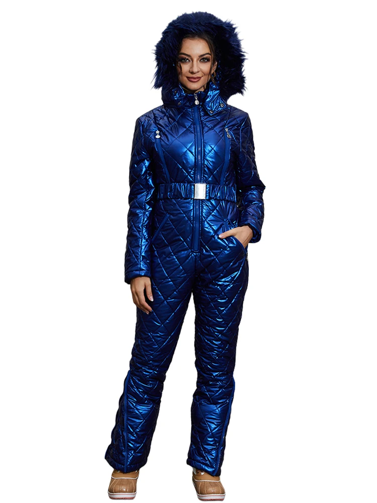 Zip Up Ski Jumpsuit Women Winter Outerwear Fur Hooded Quilted Coat Long Puffer Parka Cotton Padded One Piece Warm Snowboard Suit