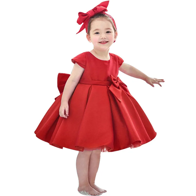 2021 Newbaby Girl Party Dress Red Big Bow Open Back Satin Silk Infant Toddler New Born Dresses 12 Months Anniversary Outfit