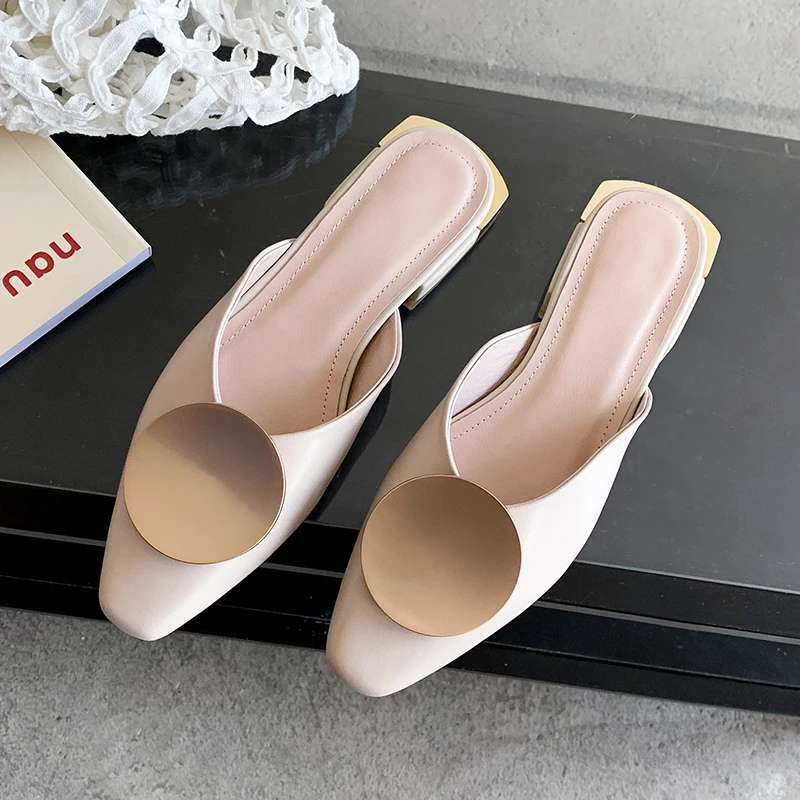 

2021 New Summer Design Genuine Leather Women Slippers Beach Outdoor Party Shoes Cowhide Pearl Slippers