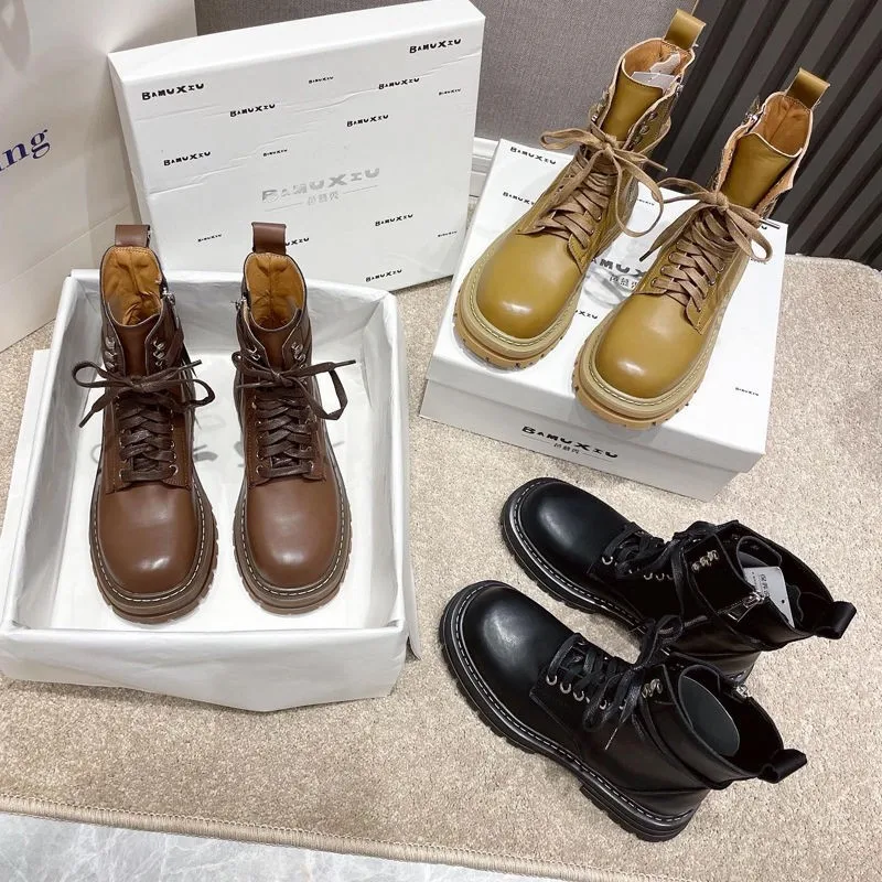 

Winter Women Platform Martin Boots Woman Leather Ankle Boots Female Lace Up Boots Square Heel Shoes Botas De Mujer