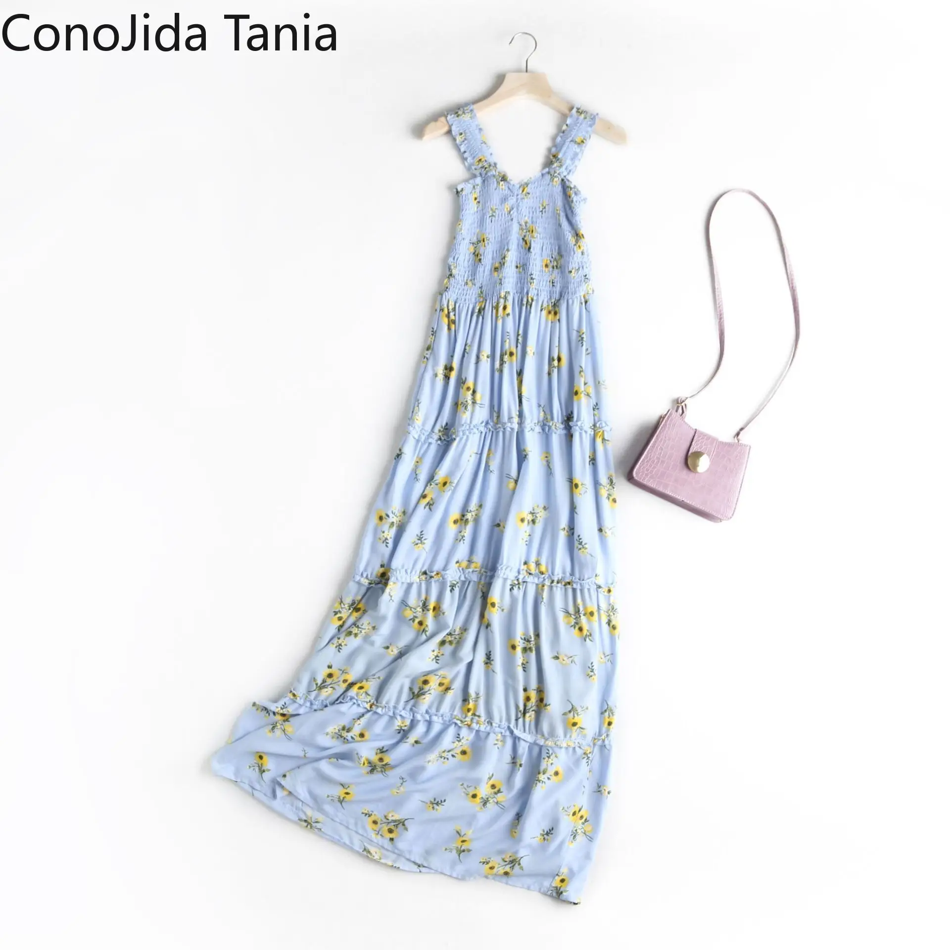 

Korean Women's Summer 2021 New Retro Dress With Elastic Floral Cake Straps On The Front