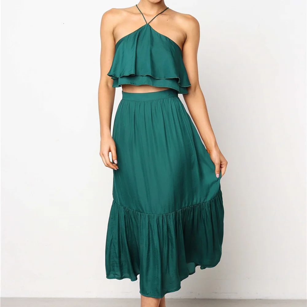 Женское летнее платье 2019 новая мода без бретелек зеленое сексуальное с открытой