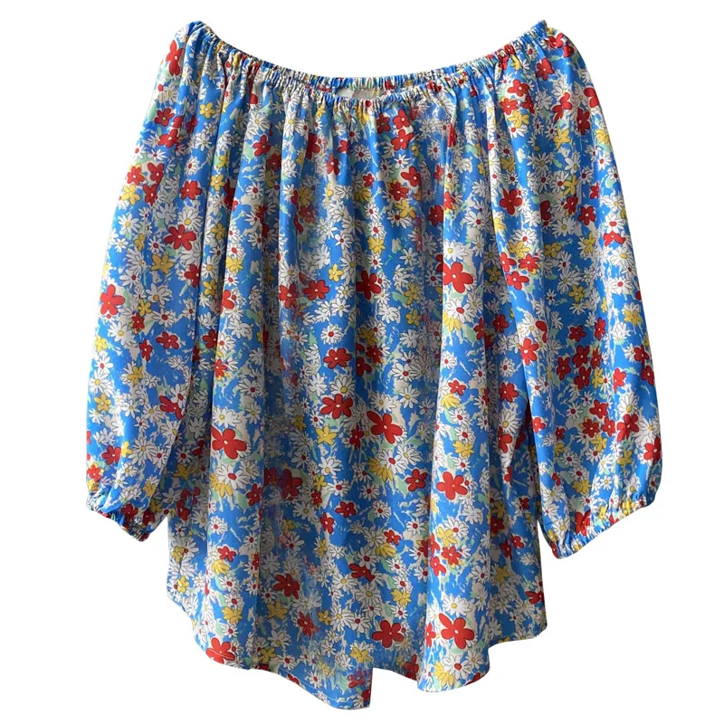 

Fitaylor Summer New Women Casual Slash Neck Flora High Waist Short Tops Fashion Female Puff Sleeve Printing Loose Shirts