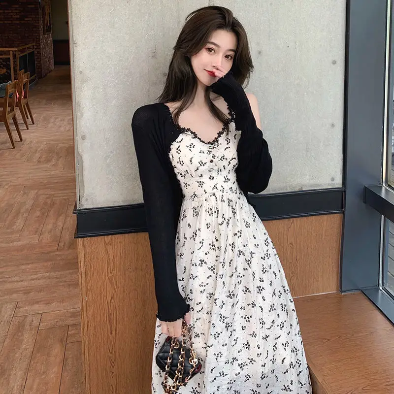 

Early Autumn French Style Vintage Floral Jacquard Suspender Dress Women + Knitted Long Sleeve Sweater Two Piece Set Lady Suits