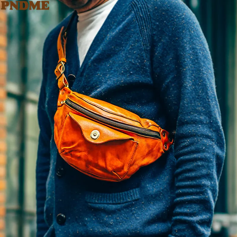 PNDME fashion luxury genuine  leather men's small chest bag fashion high-quality natural real cowhide motorcycle cross-body bag