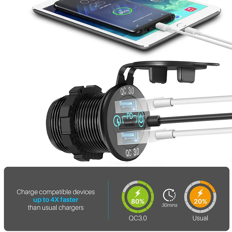 PD Type C Car Charger Socket QC3.0 Dual Ports 60W USB Triple 12V with Touch Switch for Boat Marine | Автомобили и мотоциклы