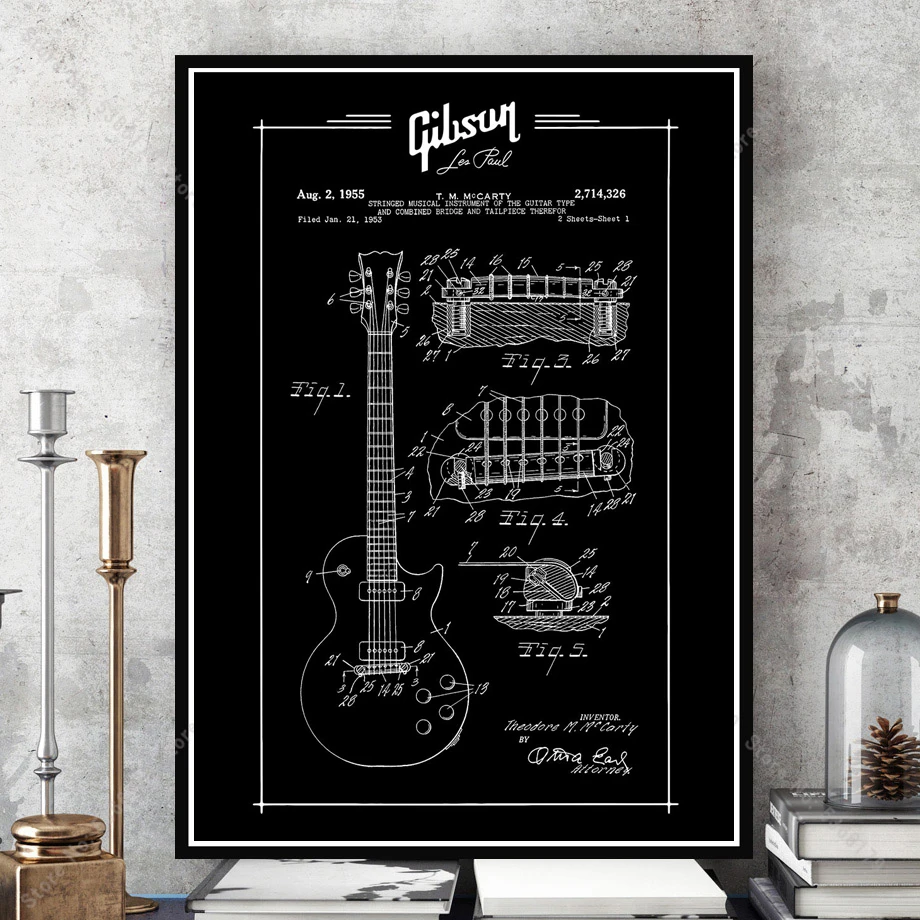 Легендарный музыкальный Gibson Les Paul Guitar патентный план фотокартина постер принты