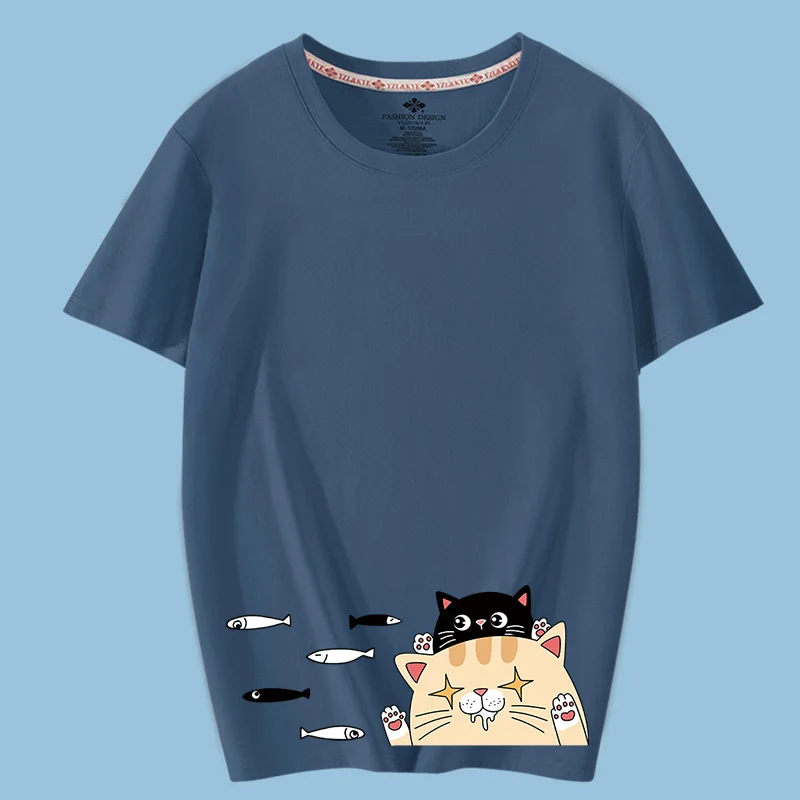 

2021 Cotton Short Sleeve Cool Cat Eats Fish Print Men T Shirt Casual Loose Men Tshirt O-neck T-shirt Male Tee Shirts Top S-6XL
