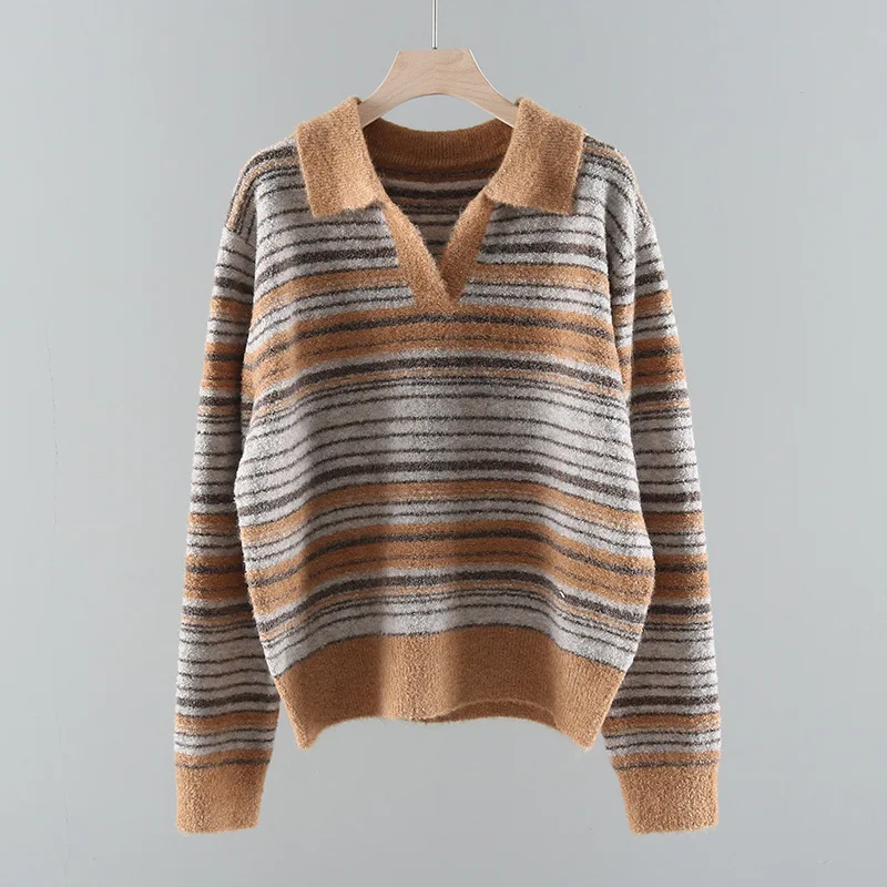 

High Quality Women Fashion Winter Vintage Lapel Striped Wool Knitted Sweater