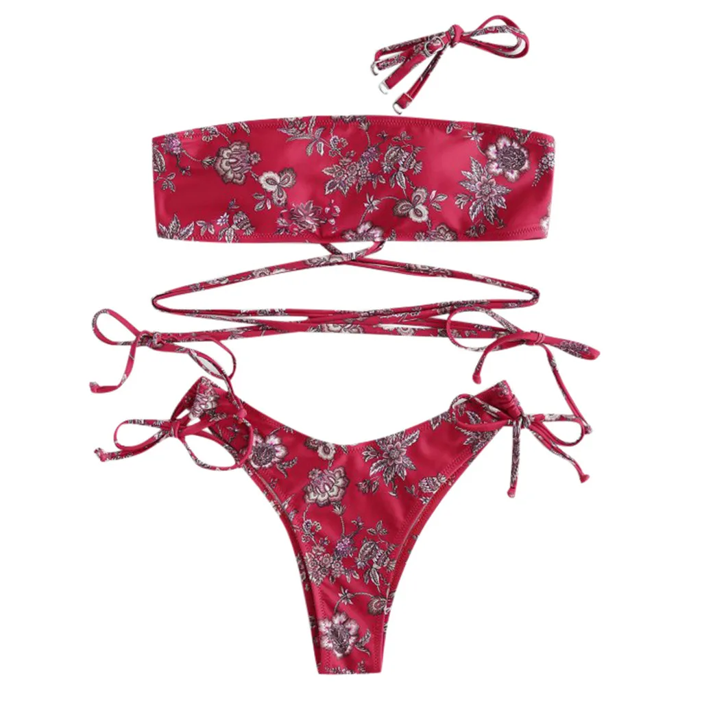 Бикини 2020 женский купальник с красным цветочным принтом из двух частей бандо