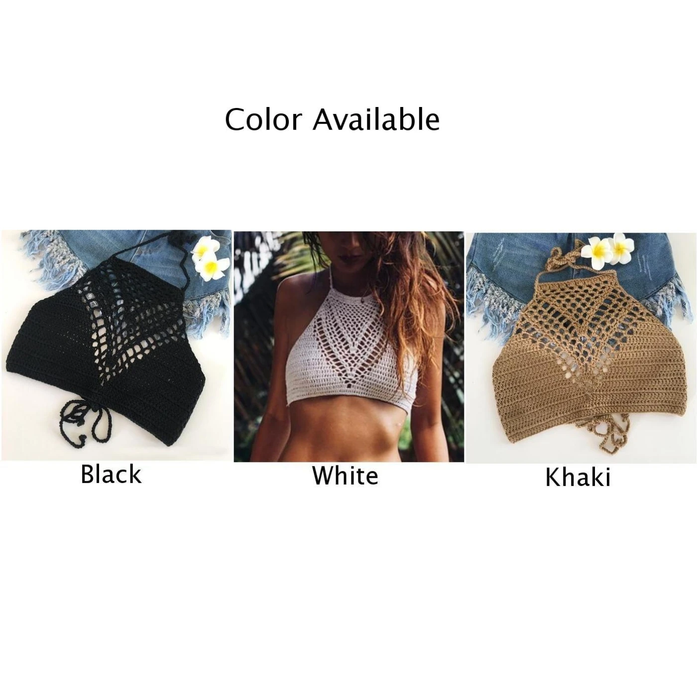 Вязаный крючком Женский бикини топ с лямкой на шее однотонный бюстгальтер груди