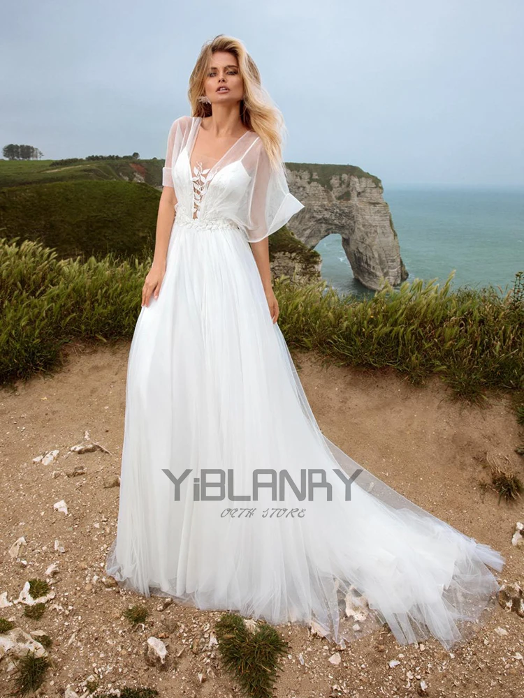 

YILIBER Lace wedding dress simple beautiful v-neck bridal dresses long sleeve 3d flower big skirt backless plus size