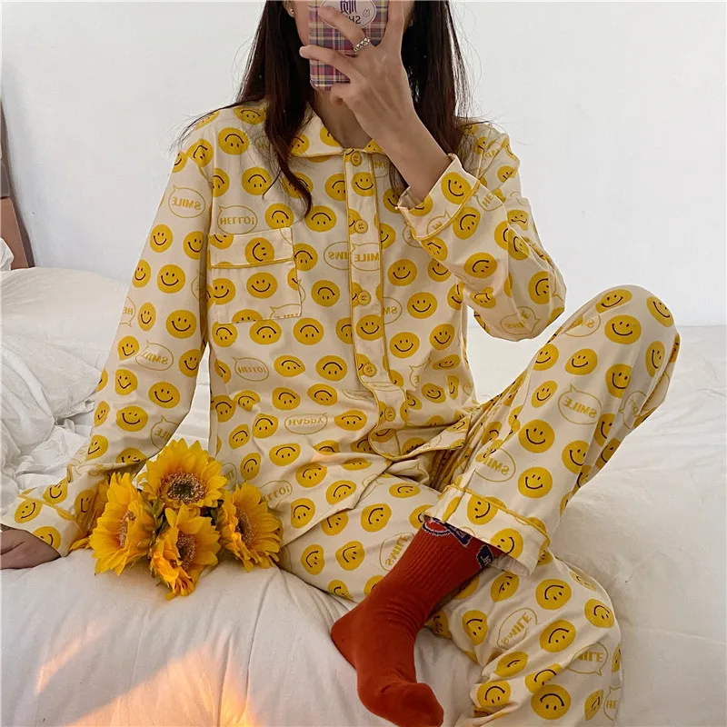 

Cute Smiley Print Pajamas for Girls Pijama Femme Home Suit Women's Cotton Sleepwear Loungewear Pijamas Pyjama