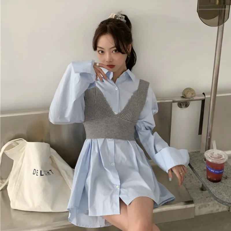 

Mini-dresses Two Pieces Women's Clothing Autumn Preppy Style Korean Fashion Clothes Loose Short Dress Turn-down Collar New