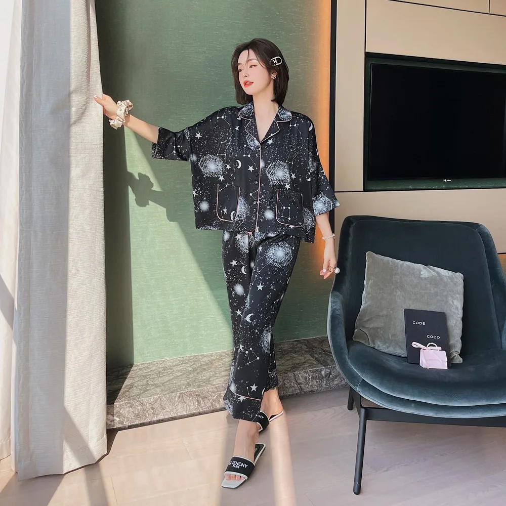 

Women Star Moon Print 2PCS Sleep Suit Black Loose Home Wear Turn-down Collar Shirt&Pant Sleepwear Casual Faux Silk Nightwear