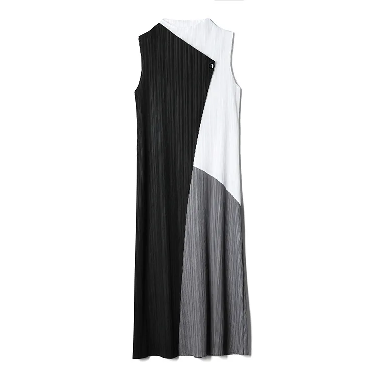 

TVVOVVIN Elegant Summer New Pleated Sleeveless O-neck Knee-length Dress Spliced Contrast Slim A-line Dress THNF