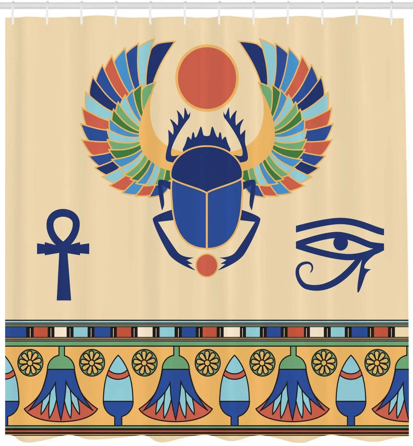 

Cream Navy Egyptian Print Shower Curtain Antique Historical Culture Scarab Eye Ornaments Bathroom Curtain