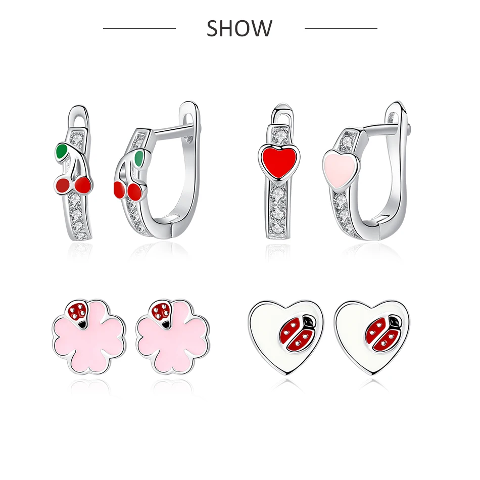 

2020 Fashion Jewelry Christmas Stud Earrings Animal Ladybug Clover Heart 925 Sterling Silver Small Earrings for Women Kids Girls