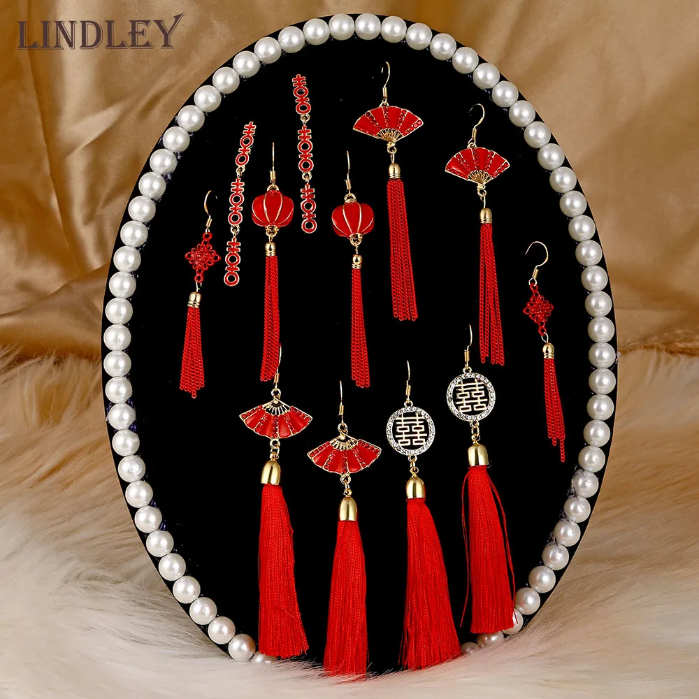 Женские длинные серьги гвоздики LINDLEY красные в форме веера китайском стиле