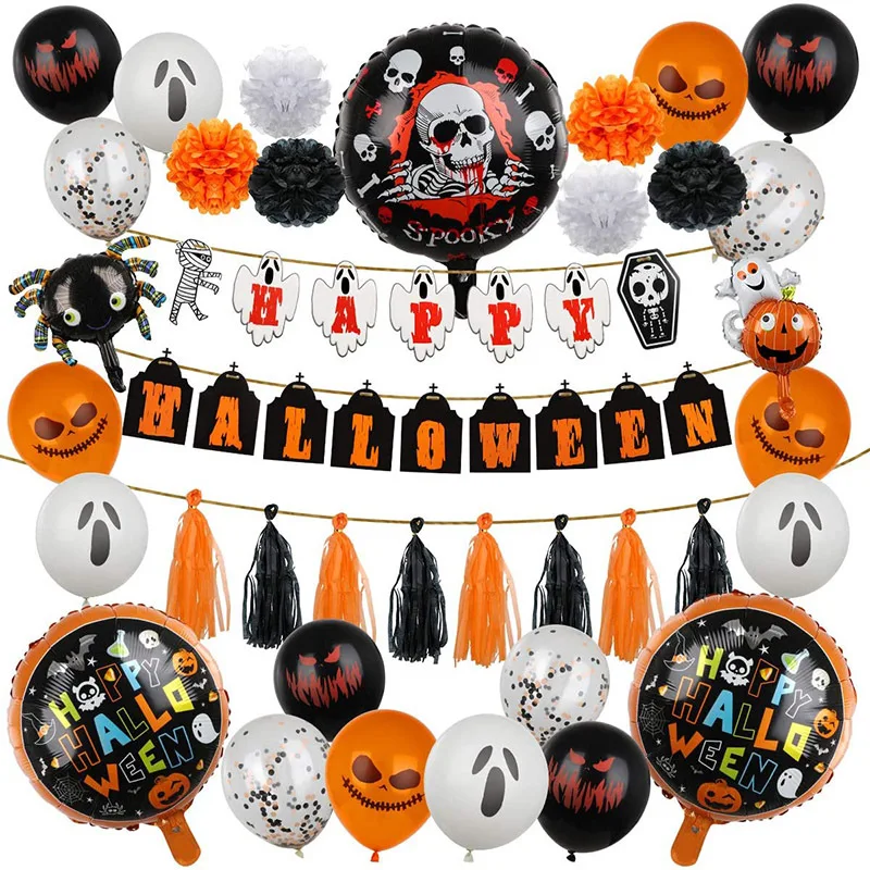 

57Pcs Halloween Party Decoration Set Happy Halloween Banner Pumpkin Honeycomb Ghost Smiley Balloon For Halloween Birthday Decor