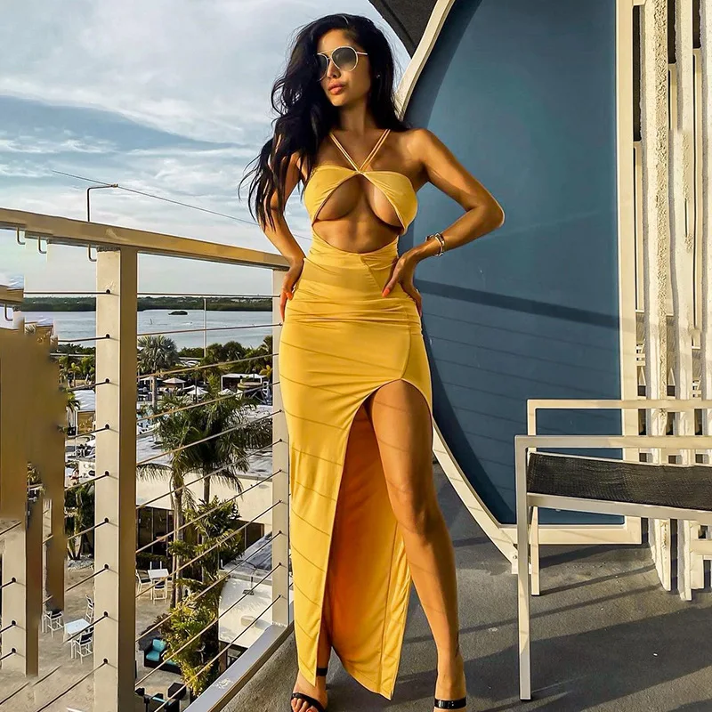 

Long Slit Spaghetti Strap Dress 2021 Elegant Bodycon Sexy Backless Hollow Out Long Dresses For Women Yellow Summer Dress Beach