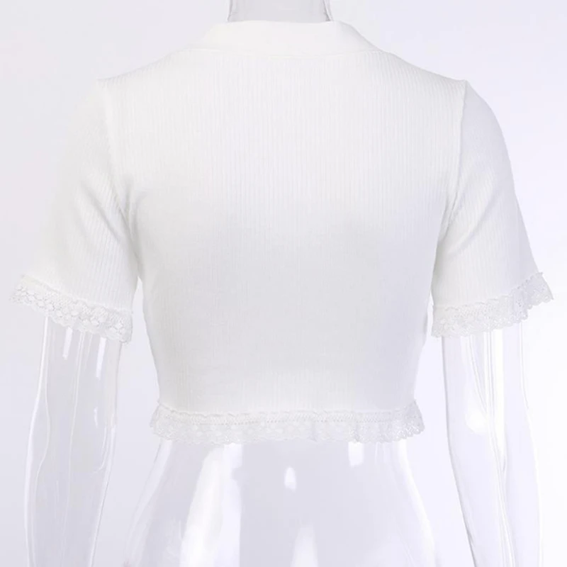

Sweet Women Button Down T-Shirts Solid Color Lace Trim Short Sleeve Crop Tops Summer Chic New Lady V Neck Ribbed Knit Tops